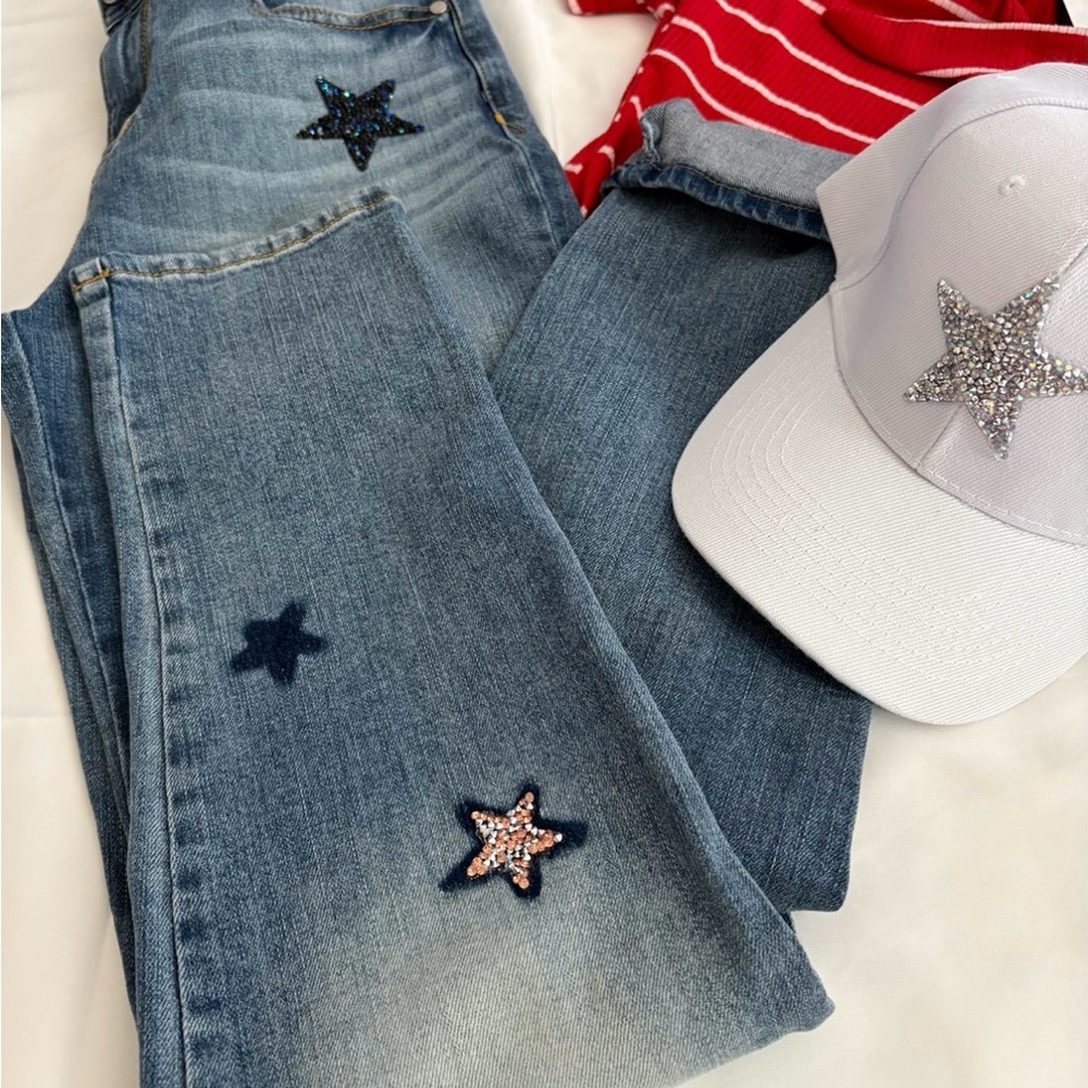 Jordache Slim BF Jeans Size 2 W28 Custom Star Rhinestone Denim W 🎁 Match Hat
